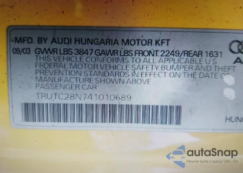 2004 Audi Tt 1.8L из США, поврежденный, VIN TRUTC28N741010689